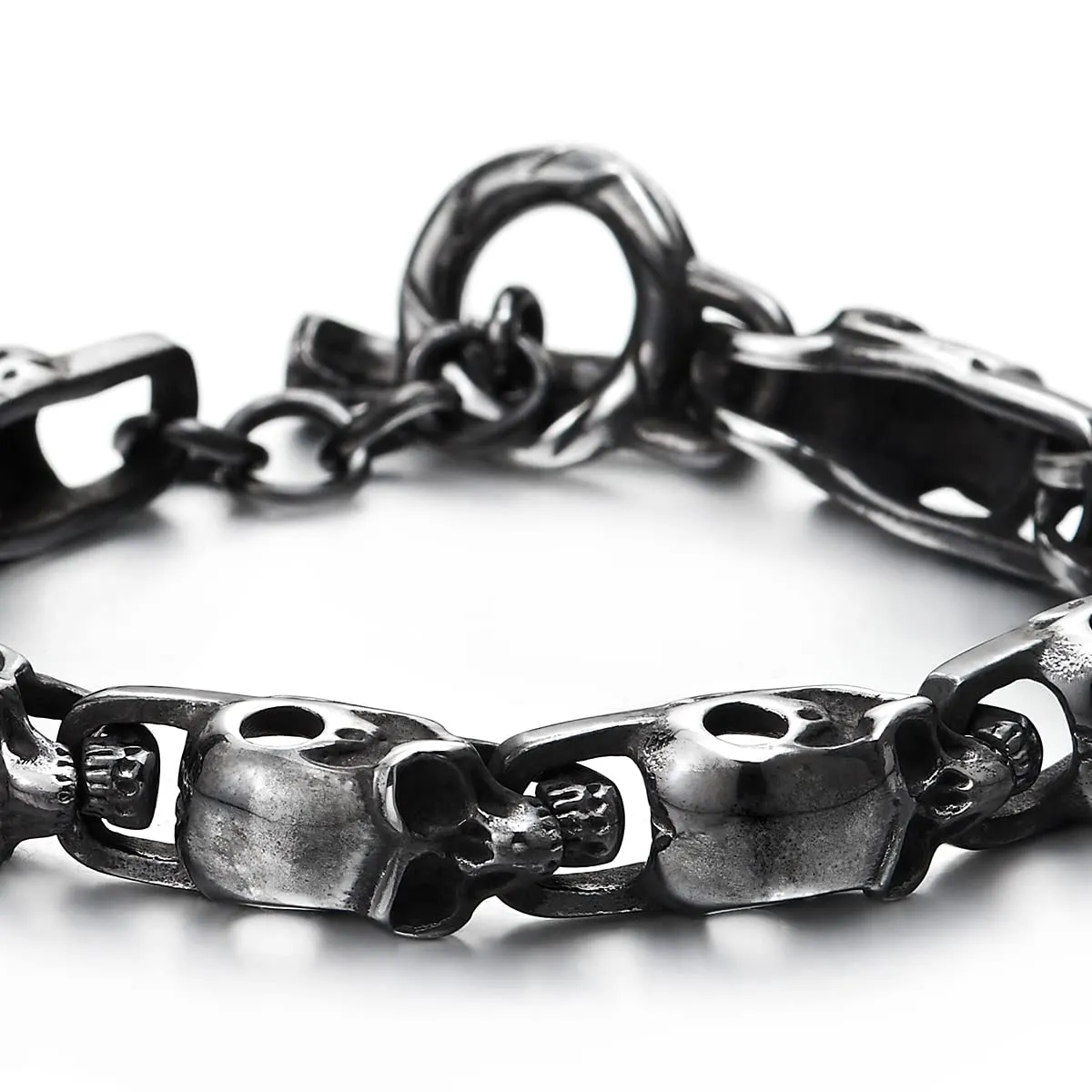 Stainless Steel Blackened Old Metal Finishing, Skulls Link Chain Bracelet for Man