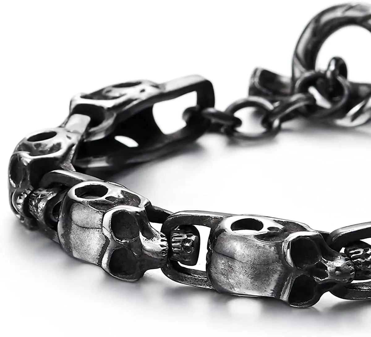 Stainless Steel Blackened Old Metal Finishing, Skulls Link Chain Bracelet for Man