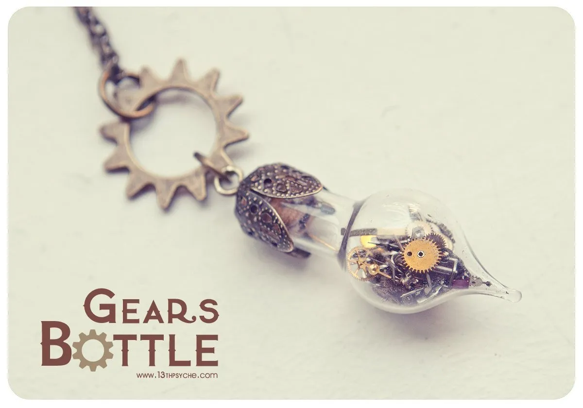 Steampunk gears teardrop vial pendant necklace