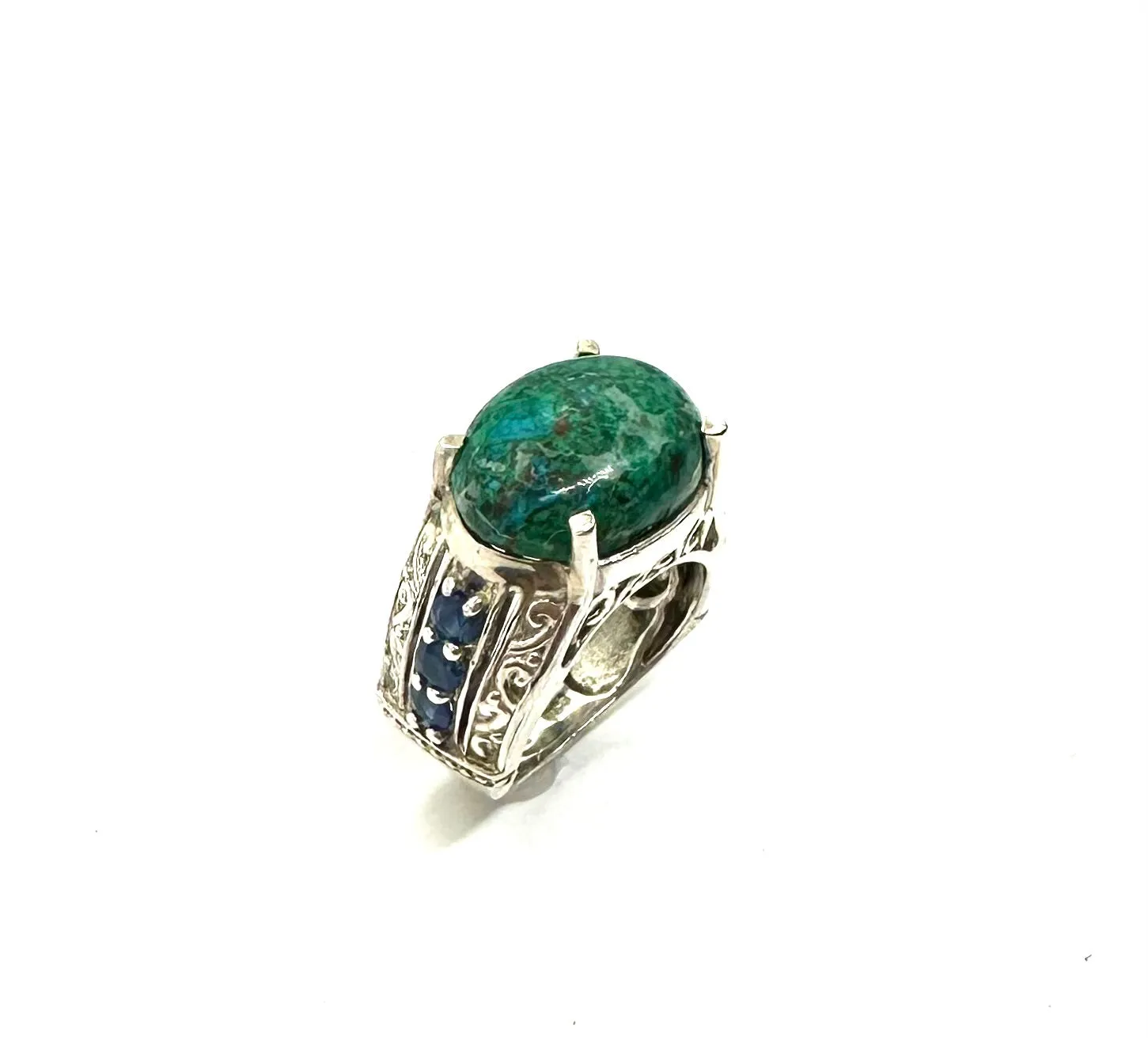 Sterling Silver Turquoise Cabochon & Sapphire Ring