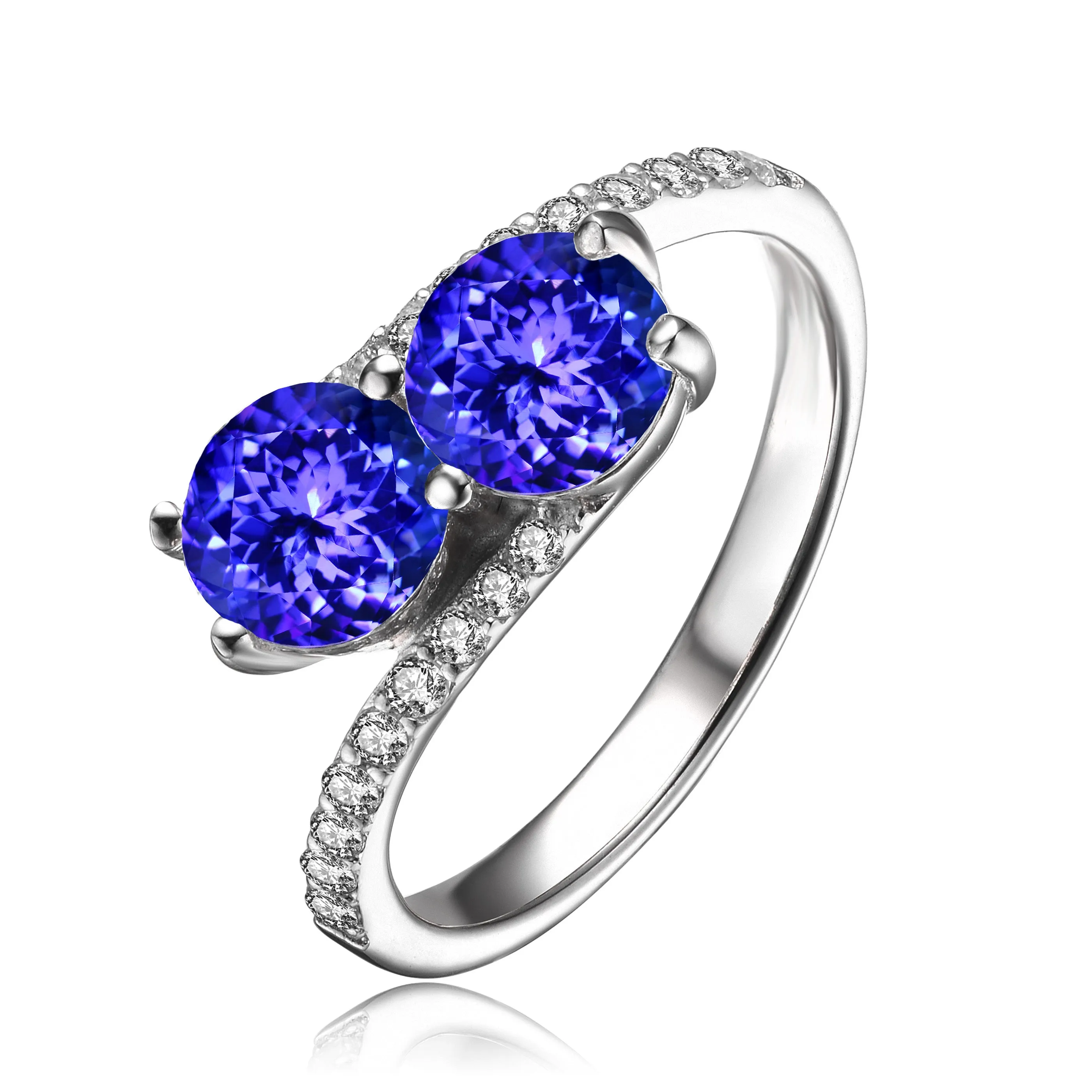 Sterling Silver with Rhodium Plated With Two Tanzanite Blue Round Cubic Zirconias Partial Pave Twisted Style Ring