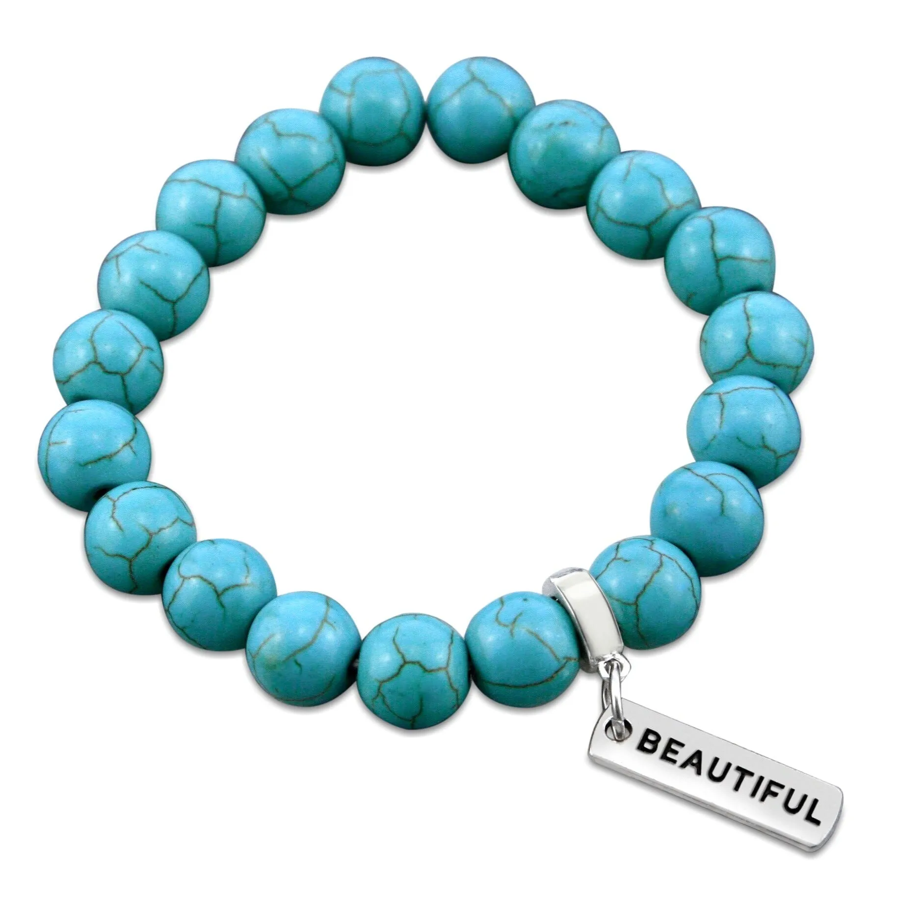 Stone Bracelet - Turquoise 10mm Beads - with Silver Word charms