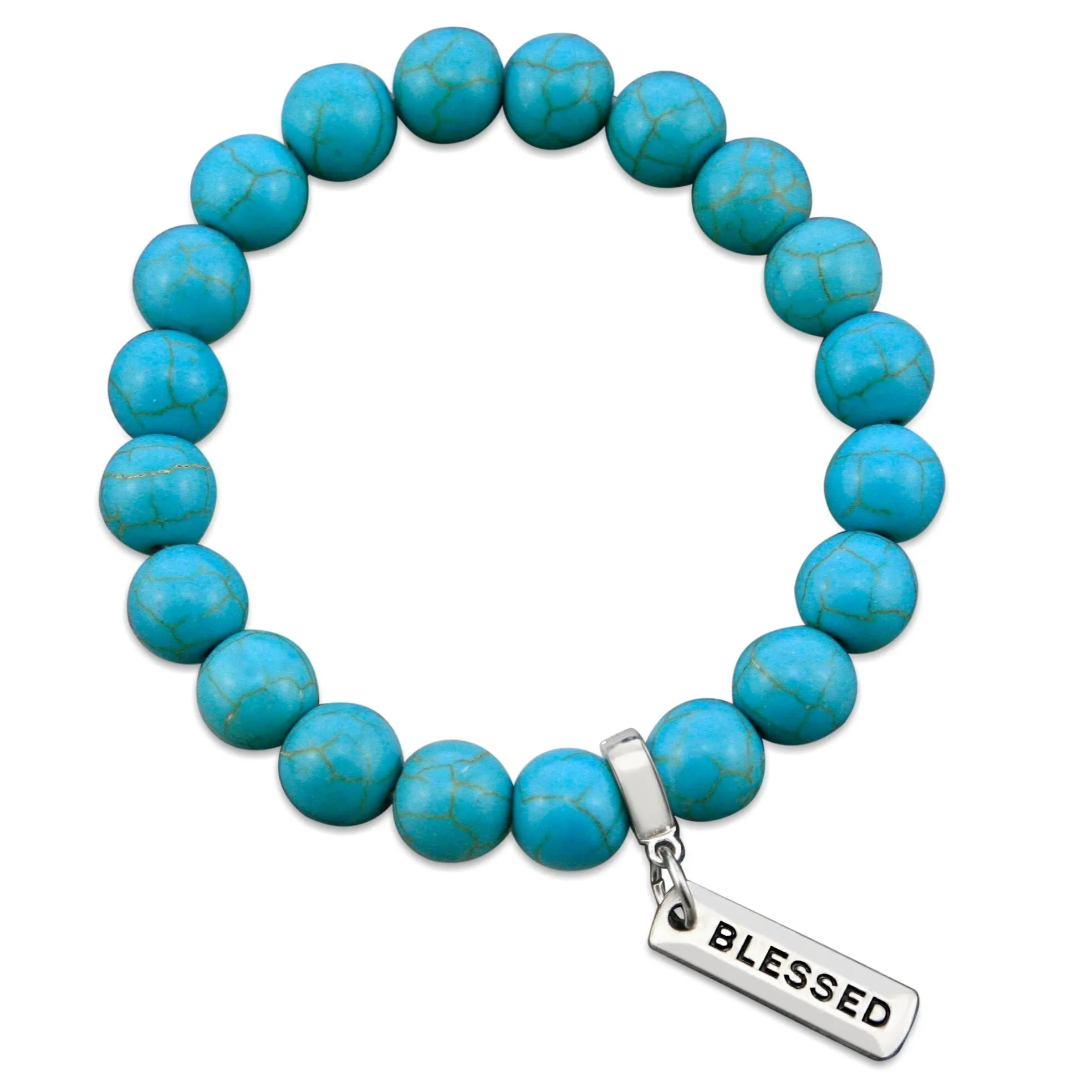 Stone Bracelet - Turquoise 10mm Beads - with Silver Word charms