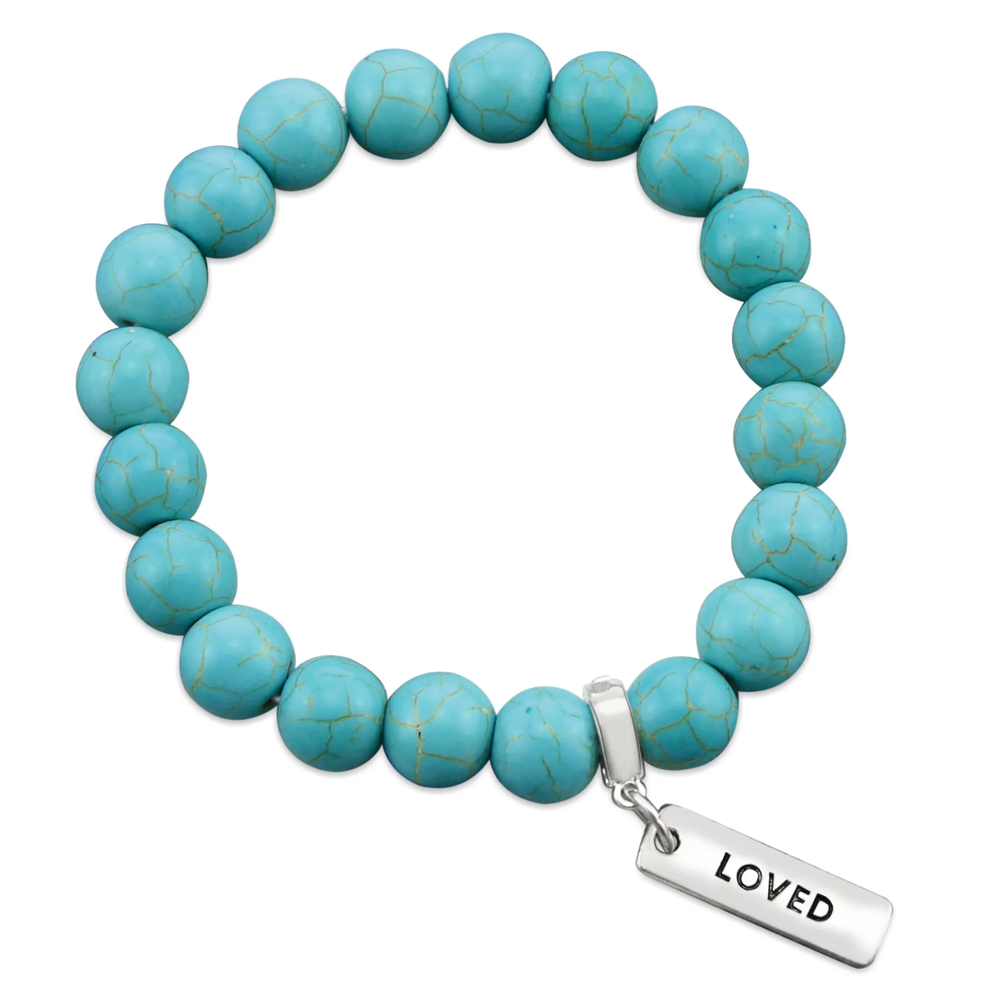 Stone Bracelet - Turquoise 10mm Beads - with Silver Word charms