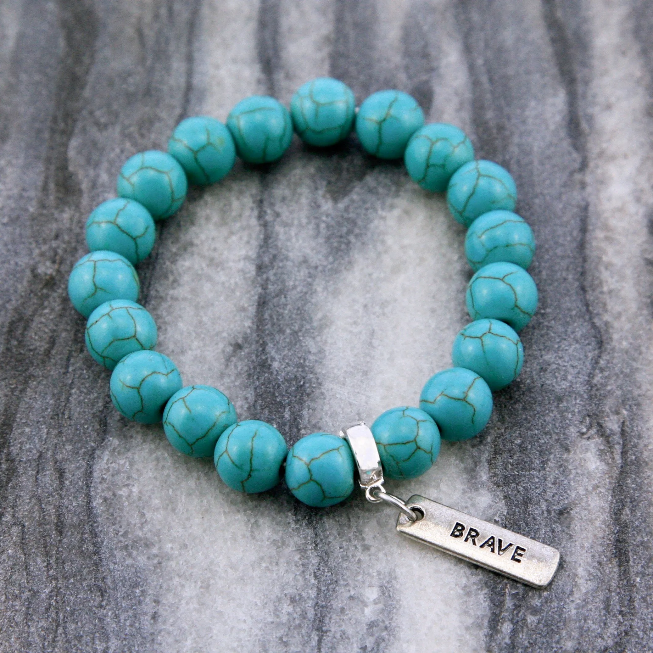 Stone Bracelet - Turquoise 10mm Beads - with Silver Word charms