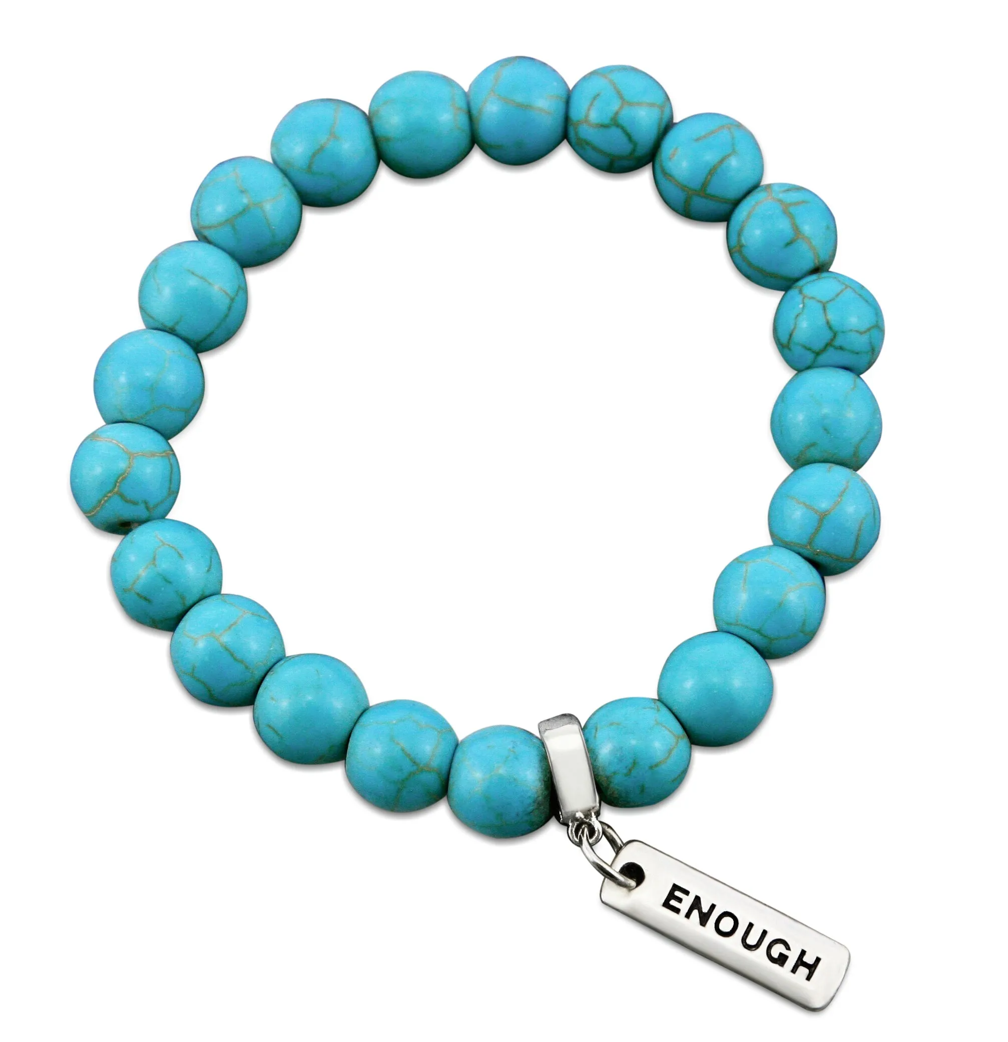 Stone Bracelet - Turquoise 10mm Beads - with Silver Word charms