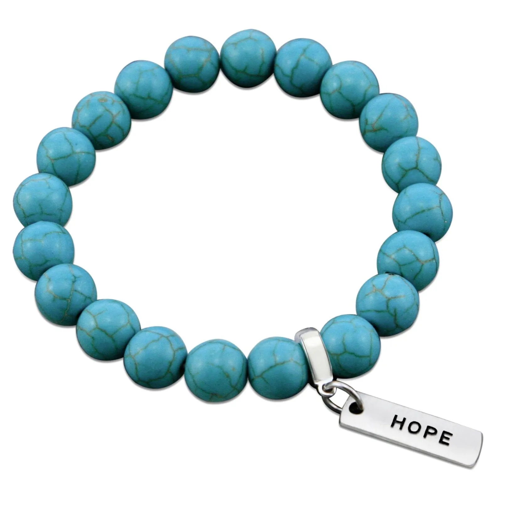 Stone Bracelet - Turquoise 10mm Beads - with Silver Word charms