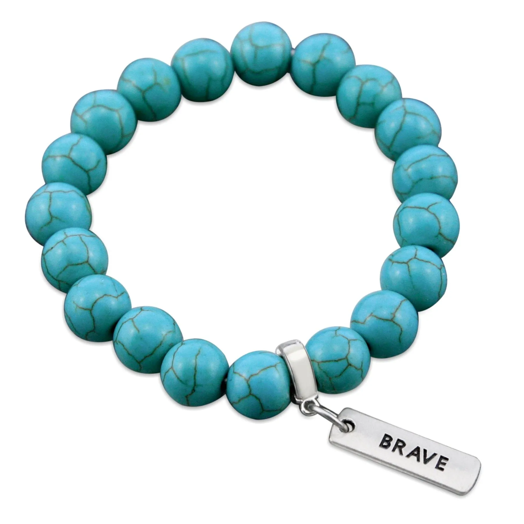 Stone Bracelet - Turquoise 10mm Beads - with Silver Word charms