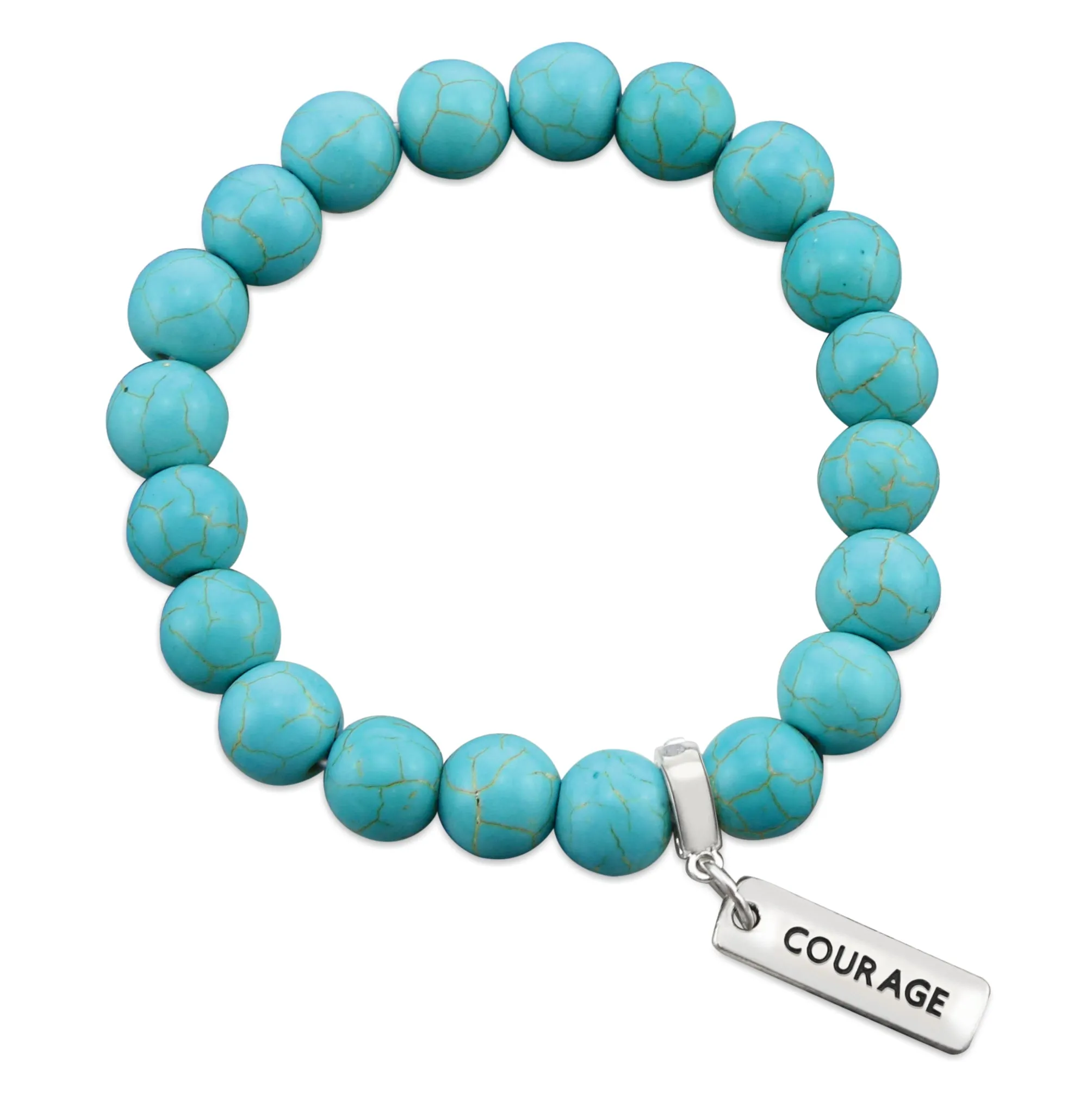 Stone Bracelet - Turquoise 10mm Beads - with Silver Word charms