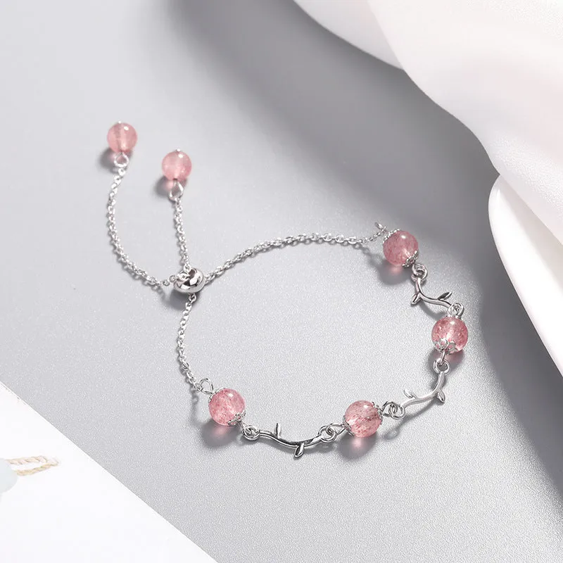 Strawberry and Peach Blossom Crystal Bracelet with Moonstone - Sterling Silver Sister Pledge Jewelry