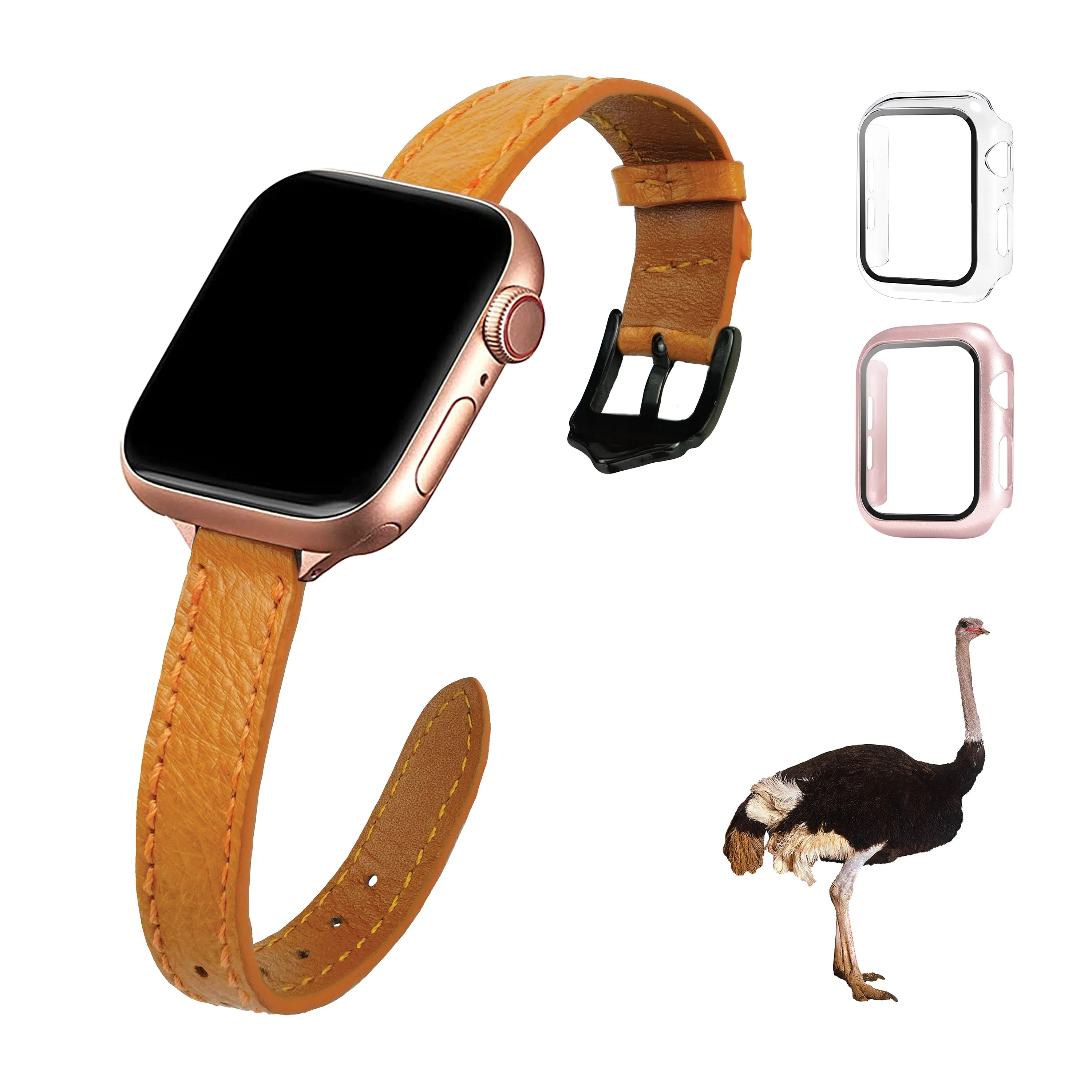 Tan Flat Ostrich Leather Band Compatible Apple Watch Iwatch 41mm Screen Protector Case Black Adapter Replacement Strap For Smartwatch Series 7 8 Leather Handmade AW-182B-W-41MM