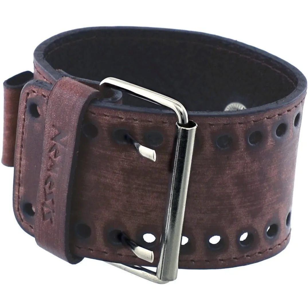 Teardrop Silver Watch with Distressed Brown Leather Wide Cuff