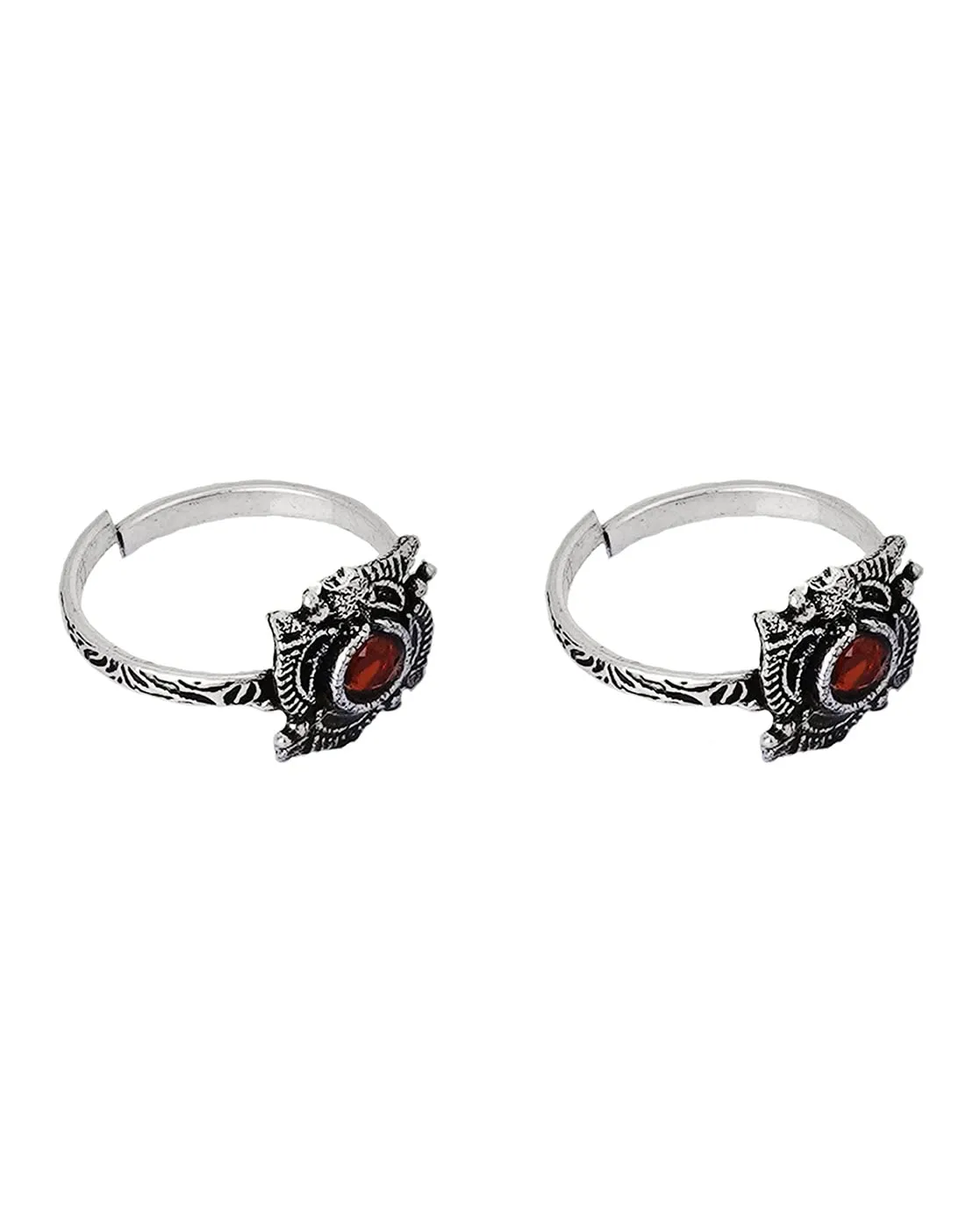 TEEJH Niya Red Stone Silver Oxidised Rings for Women