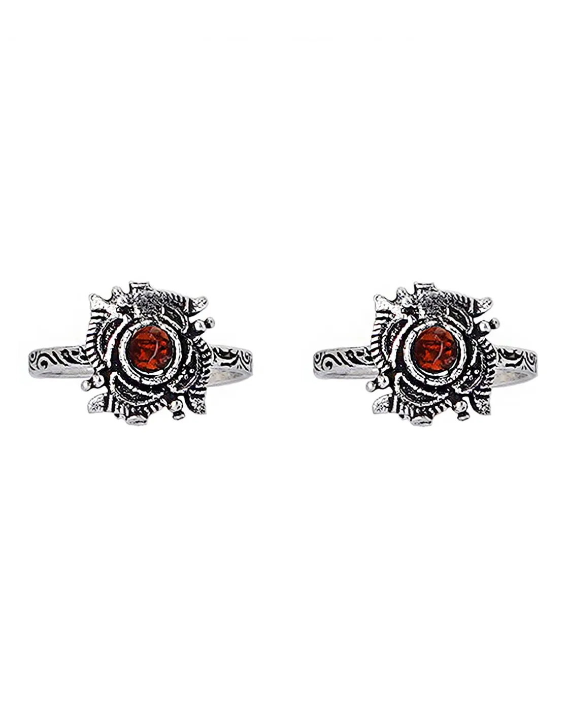 TEEJH Niya Red Stone Silver Oxidised Rings for Women