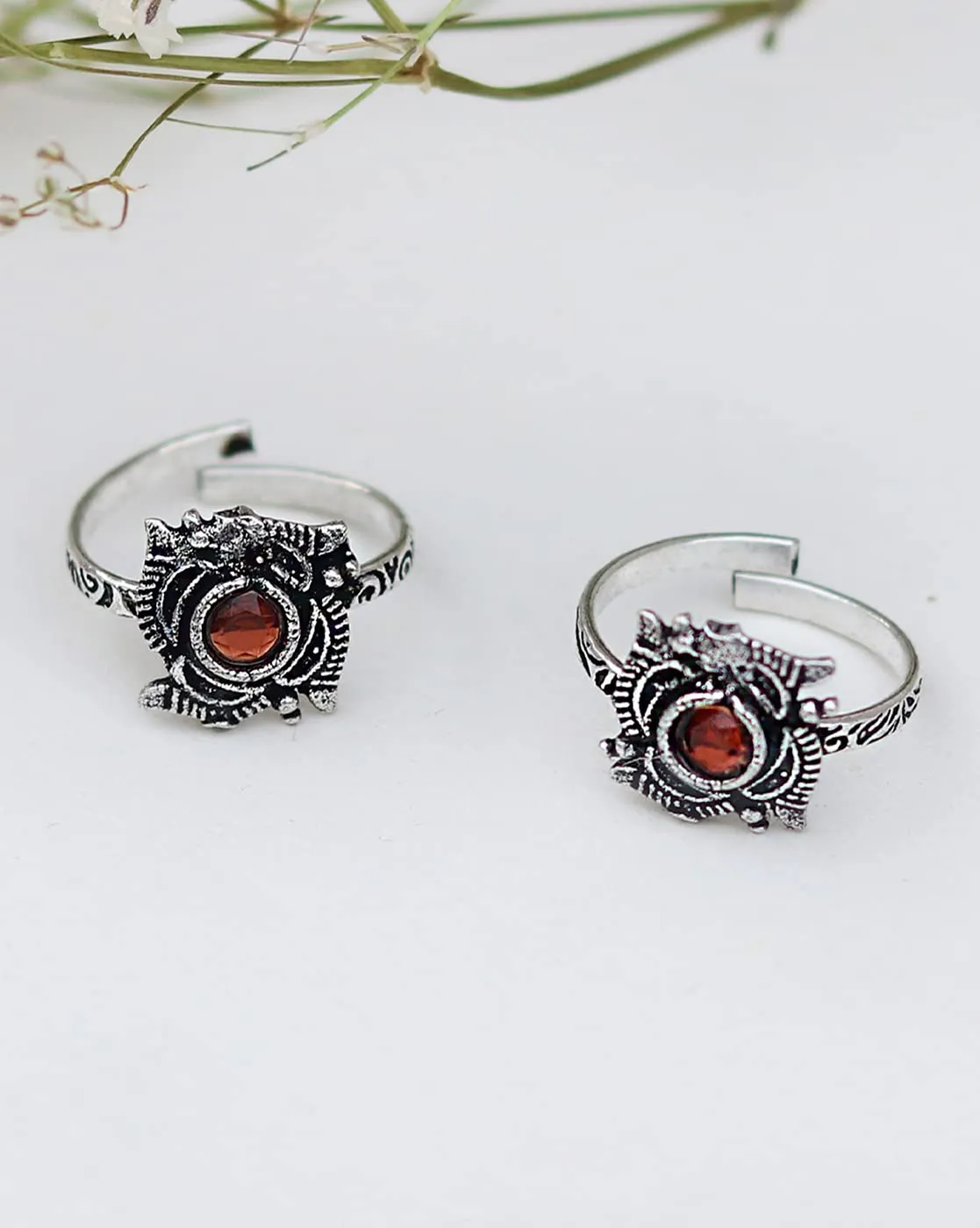 TEEJH Niya Red Stone Silver Oxidised Rings for Women