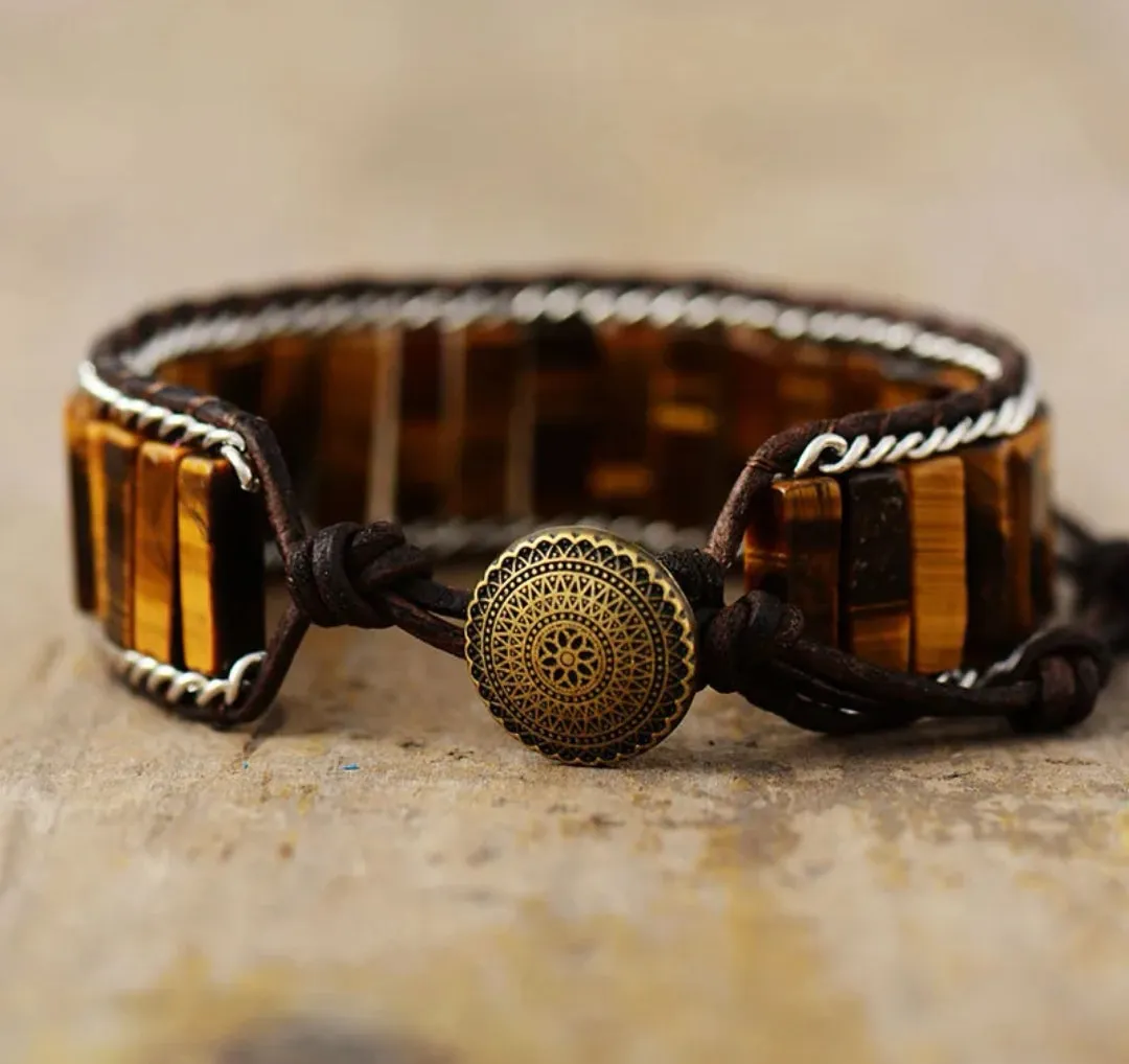 Tiger Eye Tubestone Leather Wrap Bracelet (Unisex)