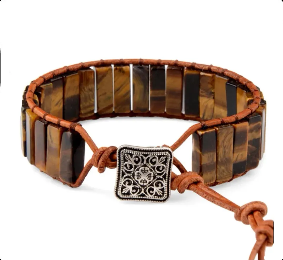 Tiger Eye Tubestone Leather Wrap Bracelet (Unisex)