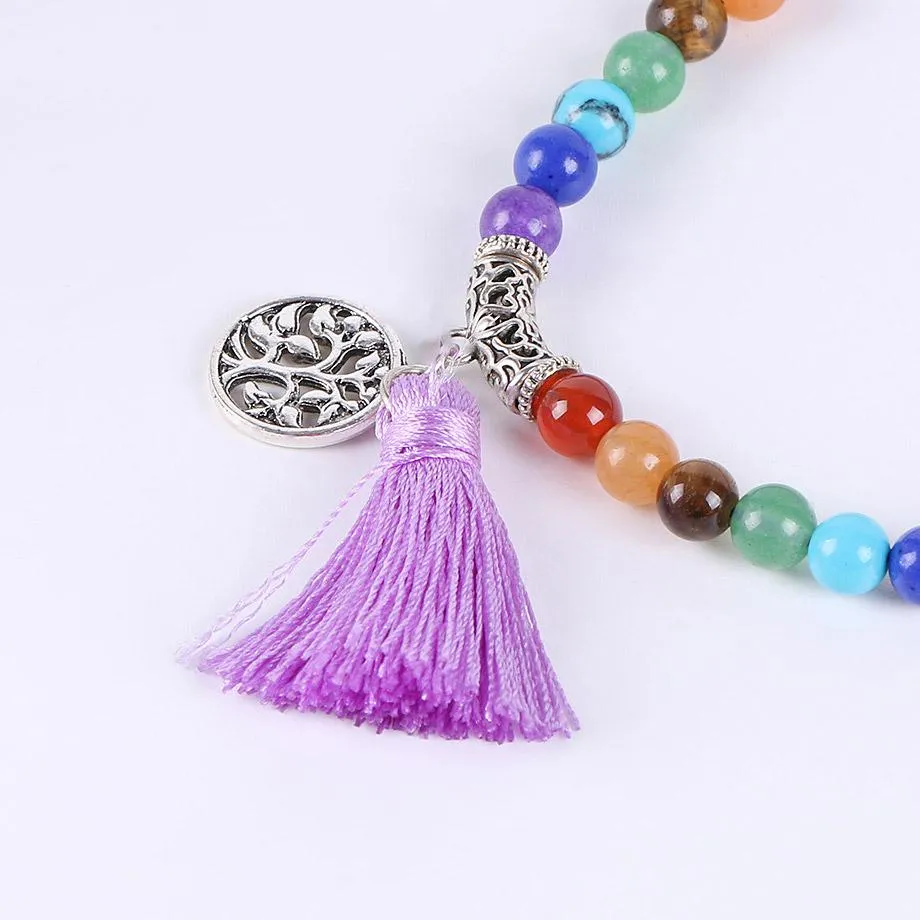 Tree of Life 7 Chakra Amethyst 108 Mala Beads Bracelet