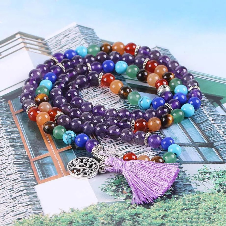 Tree of Life 7 Chakra Amethyst 108 Mala Beads Bracelet