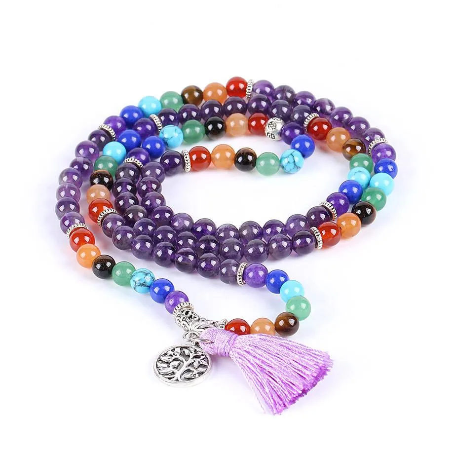 Tree of Life 7 Chakra Amethyst 108 Mala Beads Bracelet