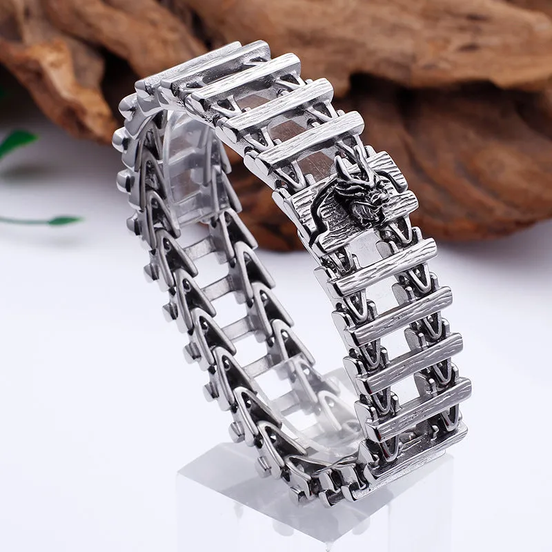 Trendy Punk-Inspired Men's Titanium Steel Bracelet with Hollow Dragon and Wolf Head Design