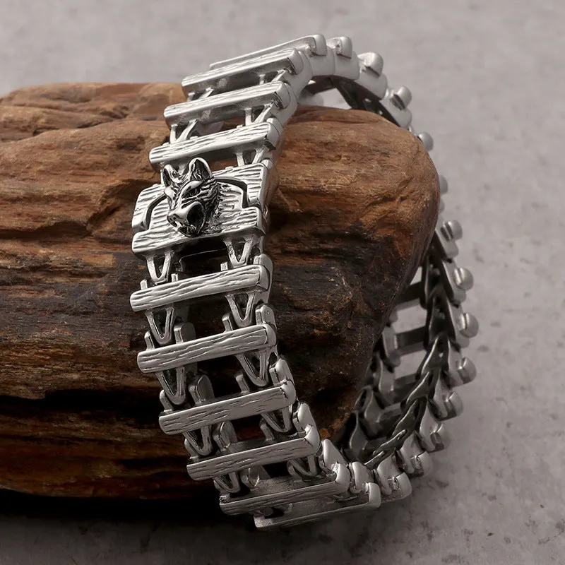 Trendy Punk-Inspired Men's Titanium Steel Bracelet with Hollow Dragon and Wolf Head Design