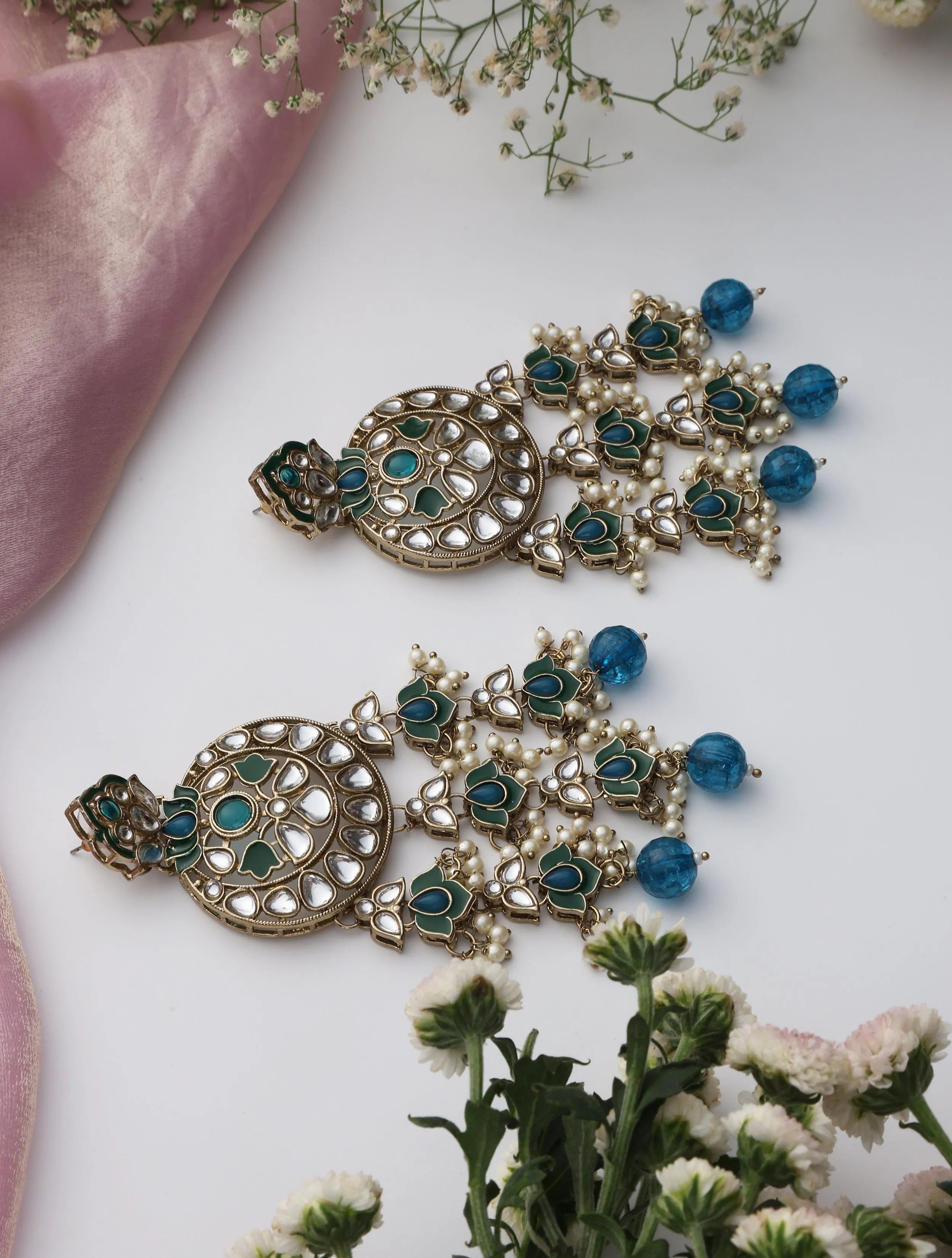 Turquoise Blue Color Kundan Earrings