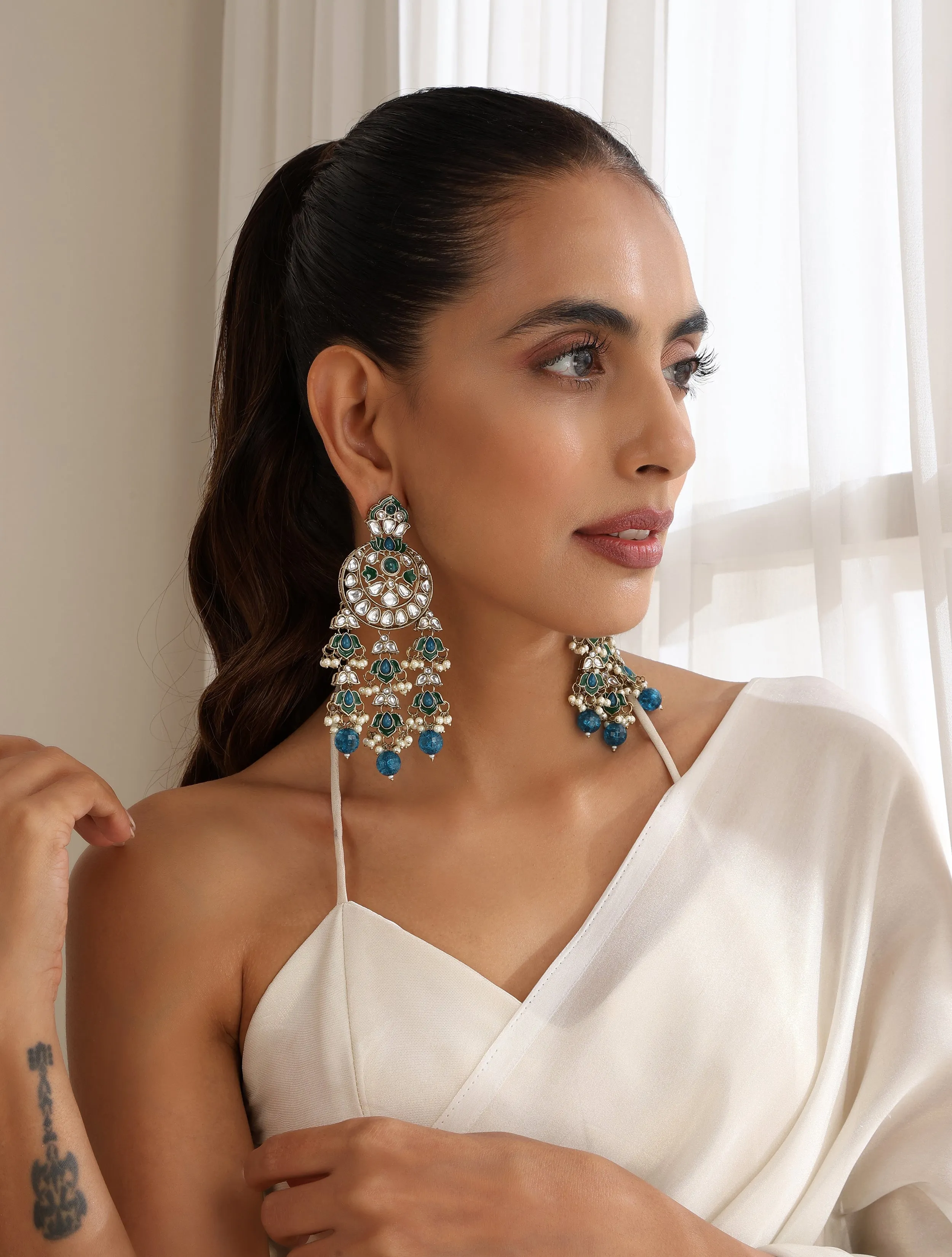 Turquoise Blue Color Kundan Earrings