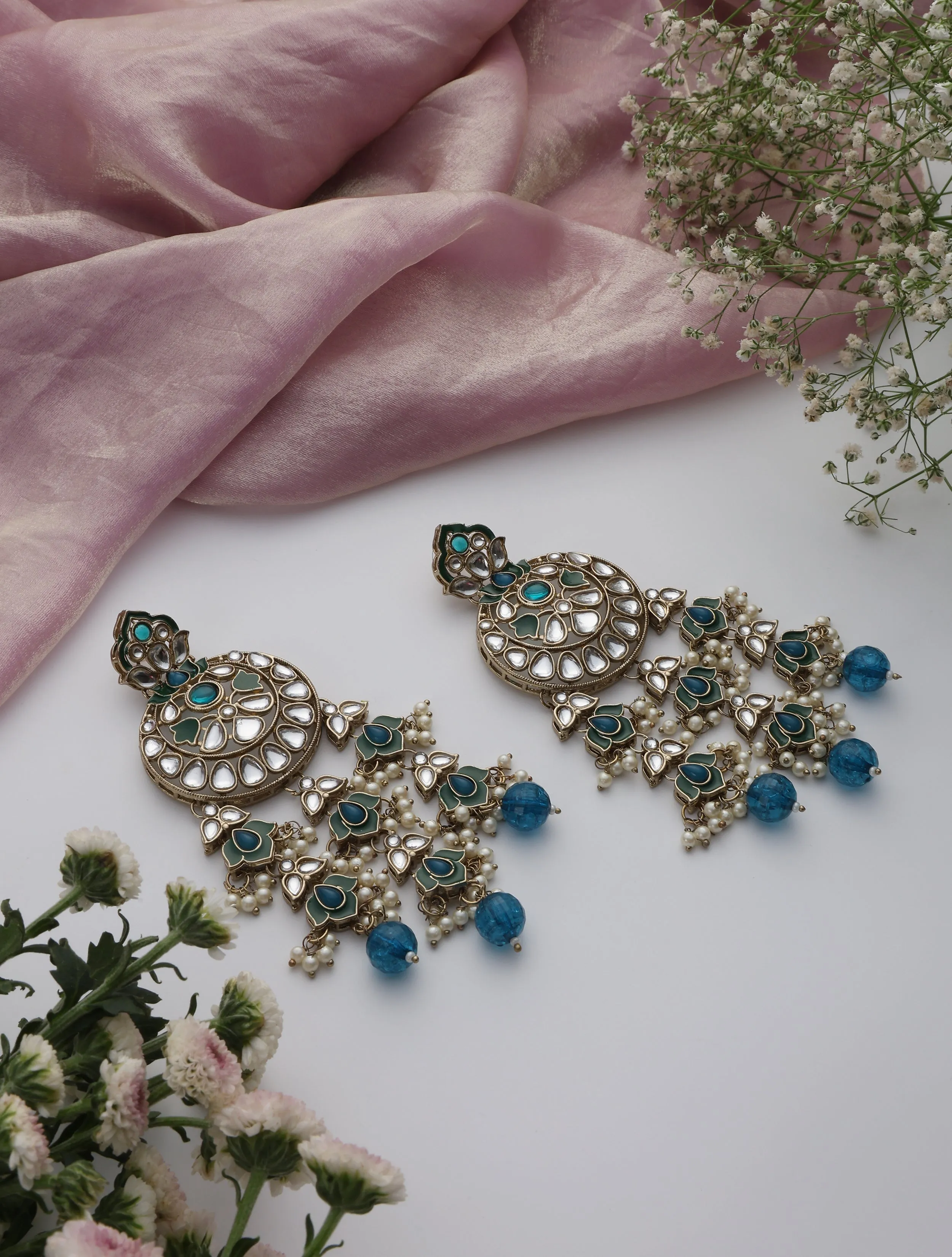 Turquoise Blue Color Kundan Earrings