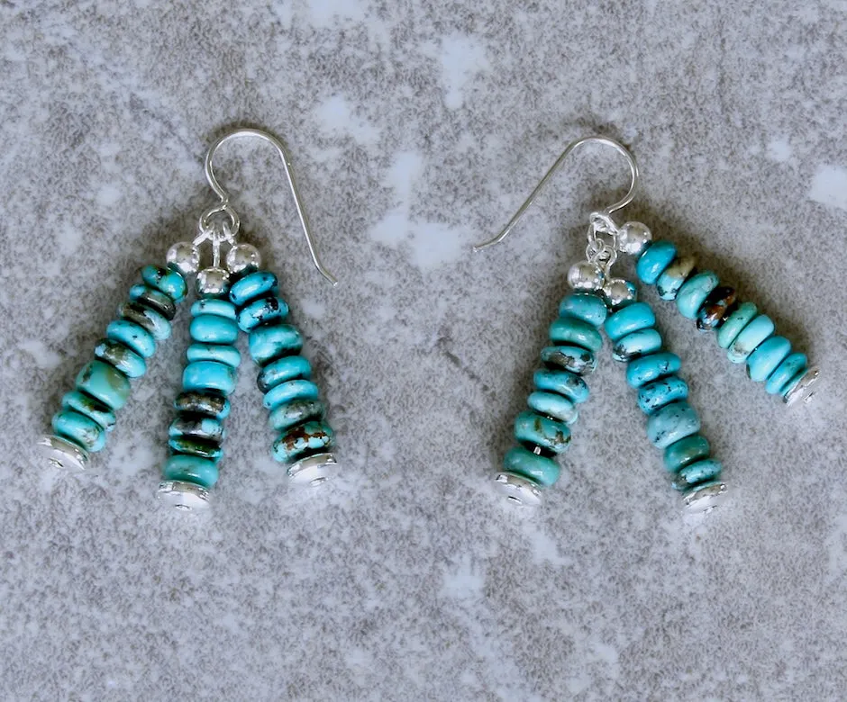 Turquoise Heishi 3-Dangle Earrings with Sterling Silver Beads & Earring Wires