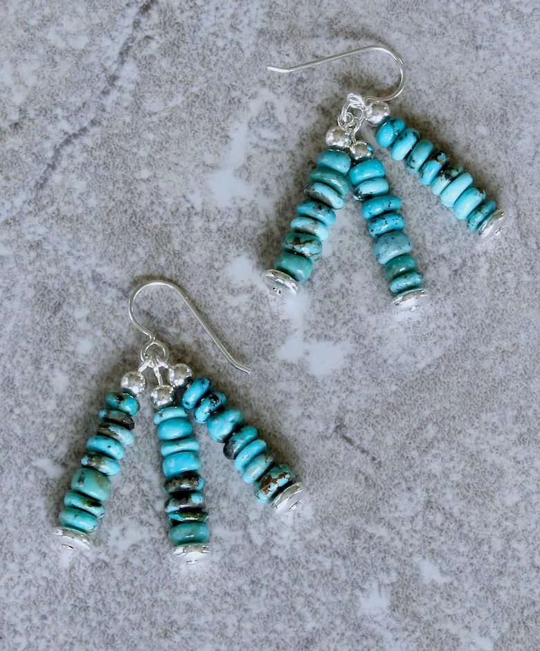 Turquoise Heishi 3-Dangle Earrings with Sterling Silver Beads & Earring Wires