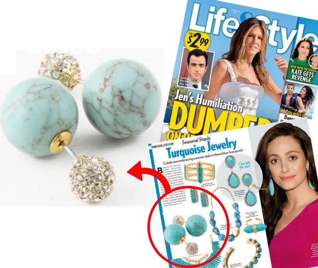 Turquoise Stone & Crystal Double-Sided Earrings (As seen in Life & Style Magazine)