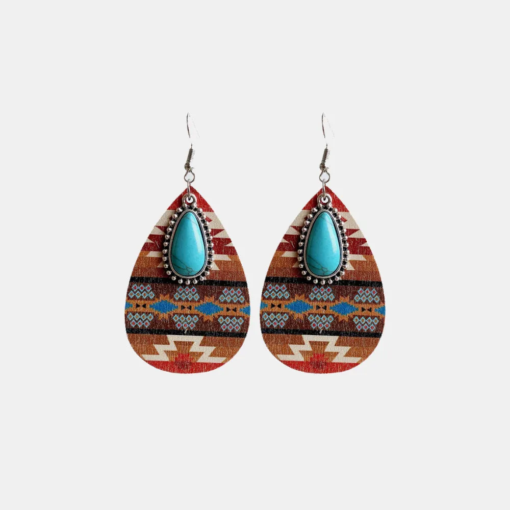 Turquoise Teardrop Shape Wooden Dangle Earrings