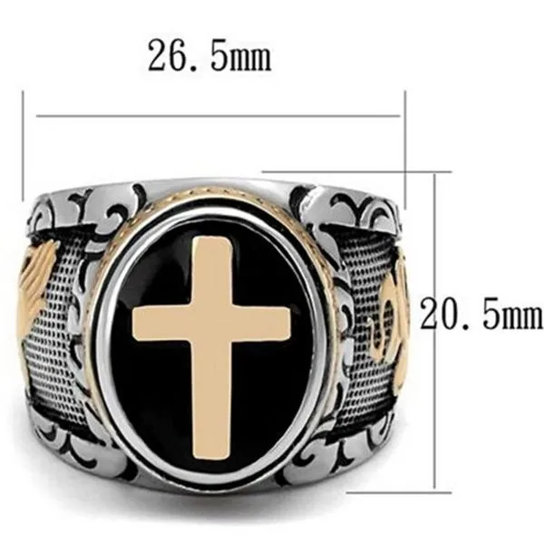 Two-Tone Stainless Steel Christian Cross Prayer Ring