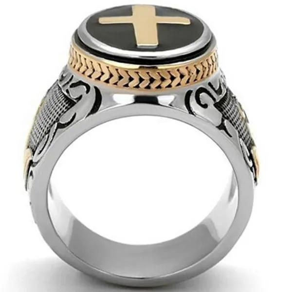 Two-Tone Stainless Steel Christian Cross Prayer Ring