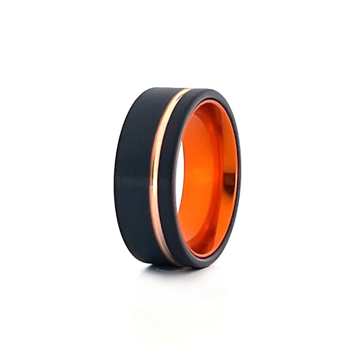 ULTRON | Orange Ring, Black Tungsten Ring, Rose Gold Offset Groove, Brushed, Flat