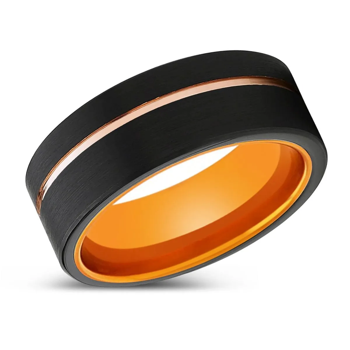 ULTRON | Orange Ring, Black Tungsten Ring, Rose Gold Offset Groove, Brushed, Flat