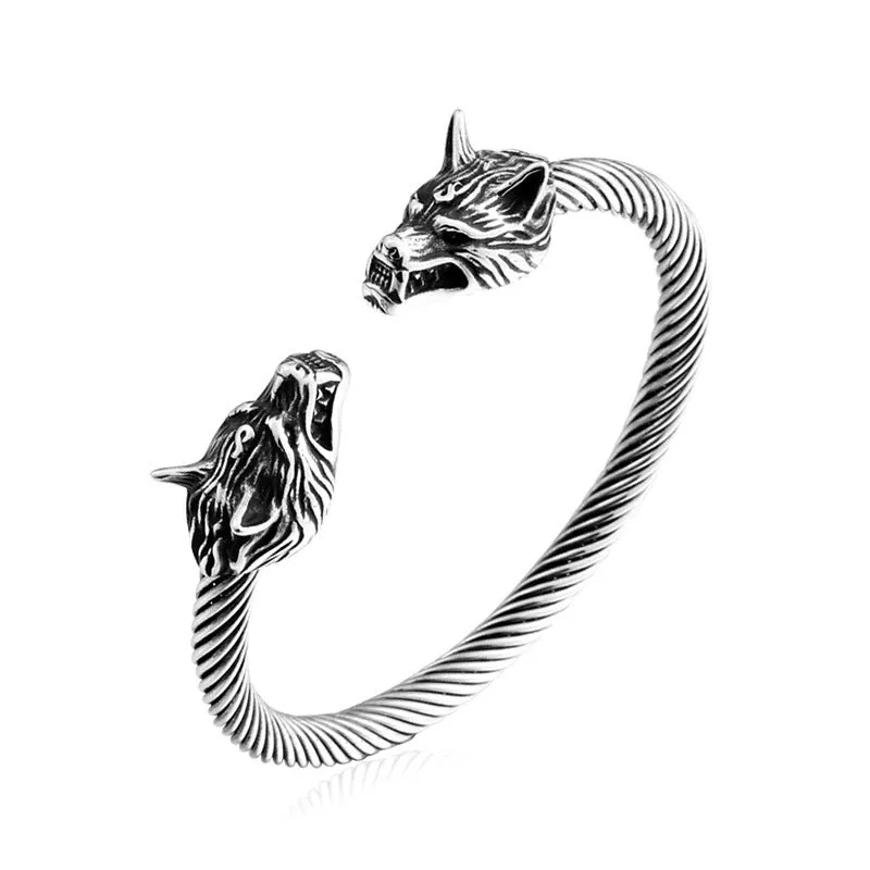 Viking Double Wolf Head Titanium Steel Bracelet for Men - Retro European and American Hand Jewelry