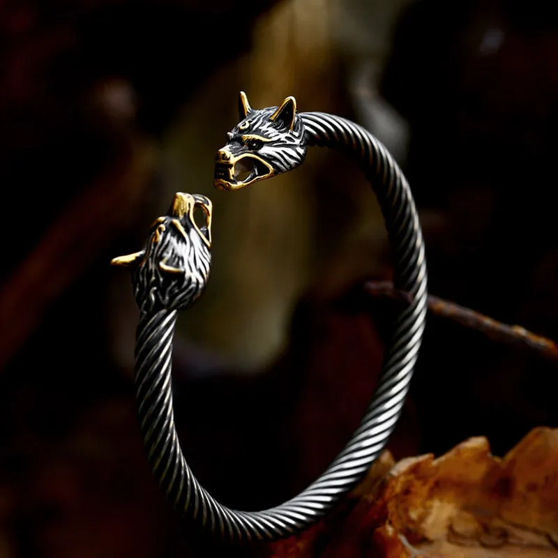 Viking Double Wolf Head Titanium Steel Bracelet for Men - Retro European and American Hand Jewelry