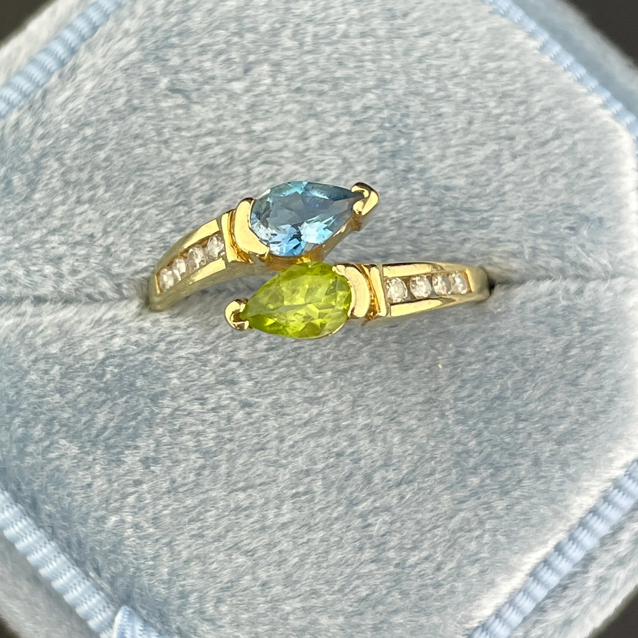 Vintage 10K Gold Aquamarine Peridot Diamond Bypass Ring, Sz 6 3/4