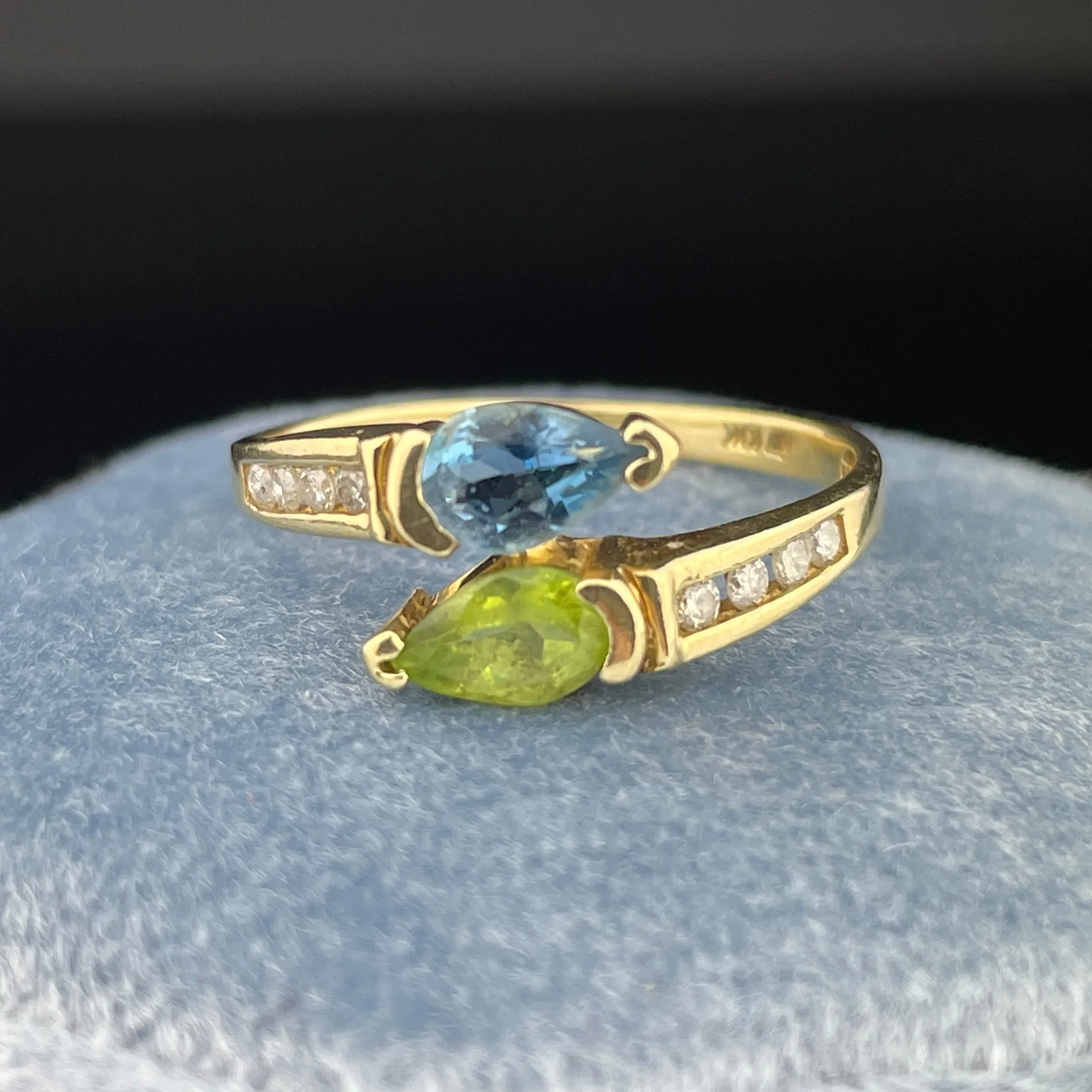 Vintage 10K Gold Aquamarine Peridot Diamond Bypass Ring, Sz 6 3/4