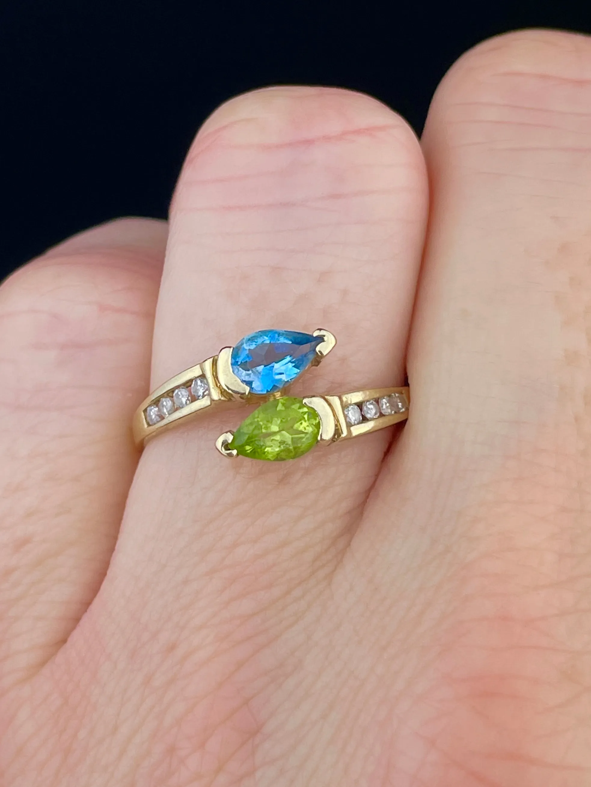 Vintage 10K Gold Aquamarine Peridot Diamond Bypass Ring, Sz 6 3/4