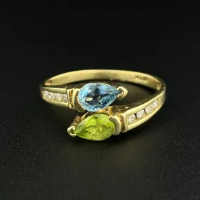 Vintage 10K Gold Aquamarine Peridot Diamond Bypass Ring, Sz 6 3/4