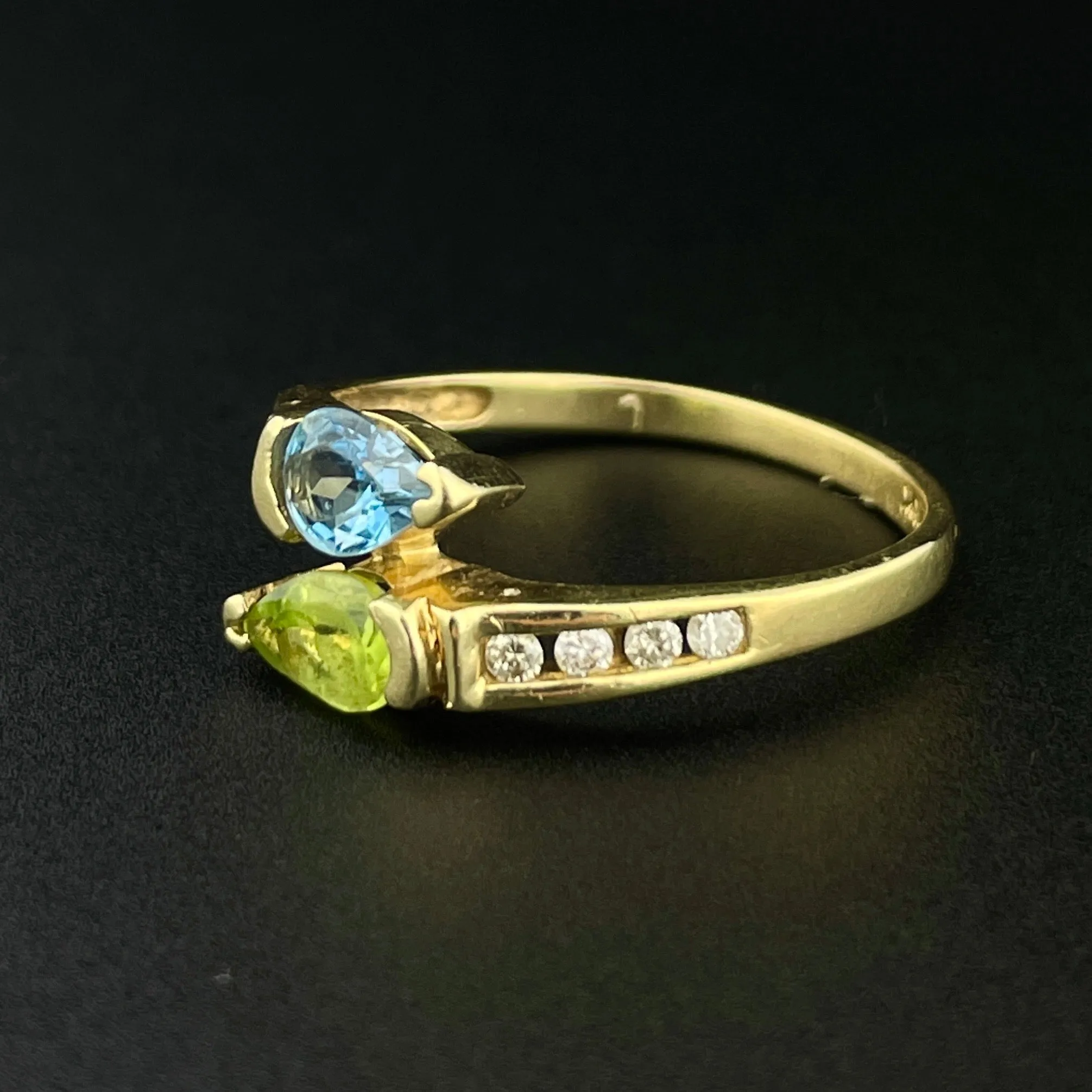 Vintage 10K Gold Aquamarine Peridot Diamond Bypass Ring, Sz 6 3/4