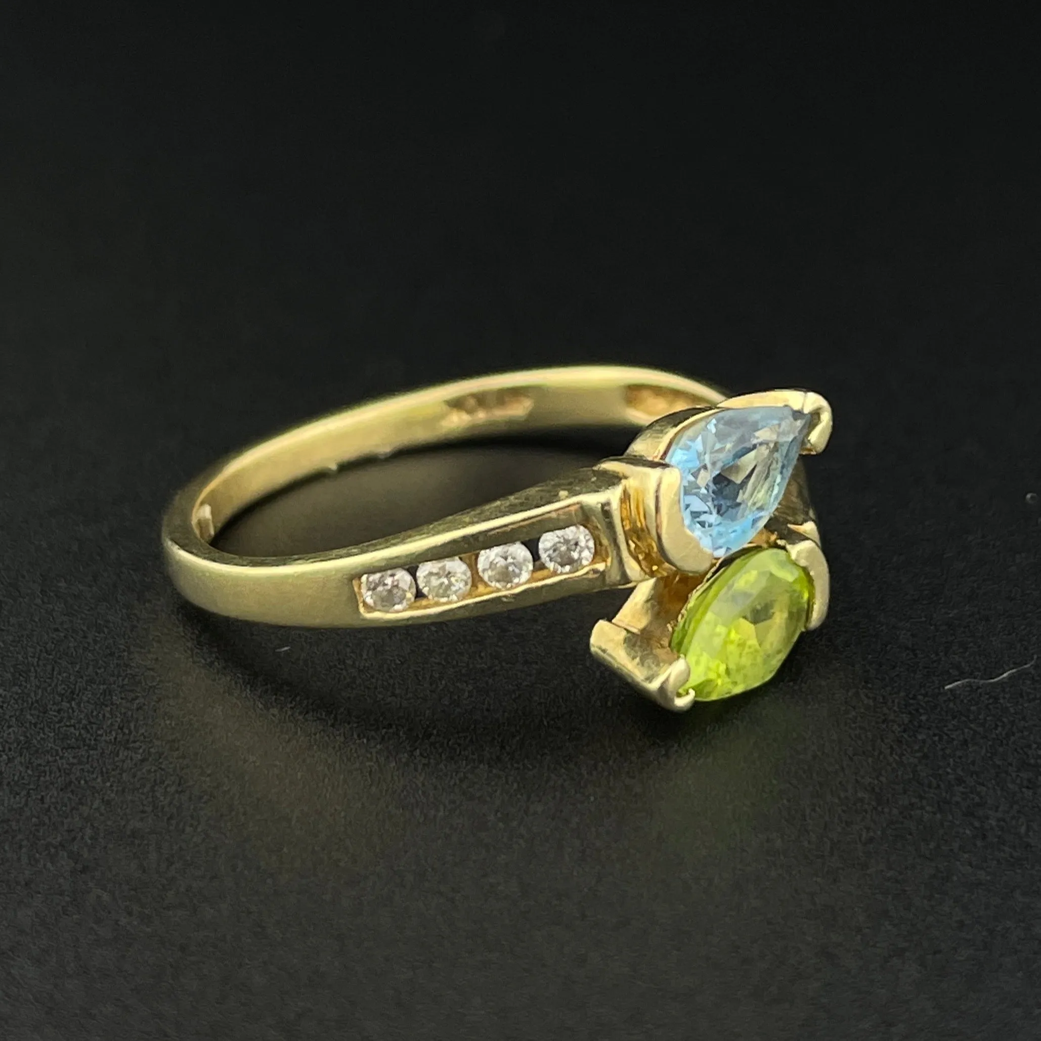 Vintage 10K Gold Aquamarine Peridot Diamond Bypass Ring, Sz 6 3/4