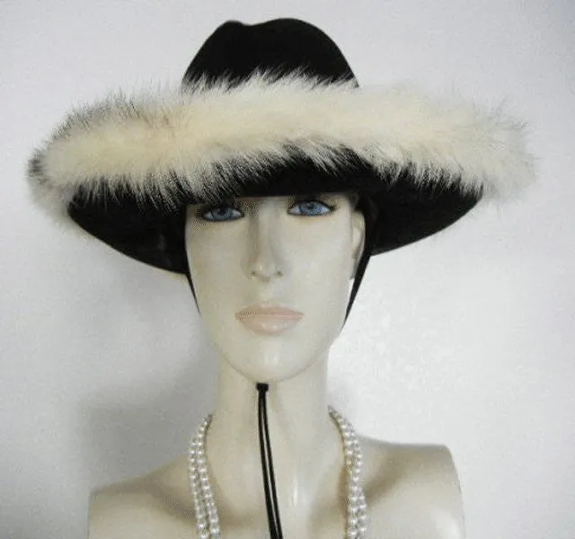 VINTAGE 1960’s MR. JOHN JR. MINK TRIMMED BLACK FELT HAT WITH TIE - PERFECT FOR FALL & WINTER