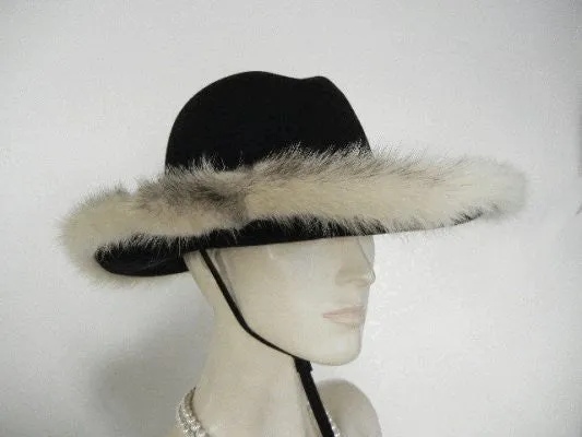 VINTAGE 1960’s MR. JOHN JR. MINK TRIMMED BLACK FELT HAT WITH TIE - PERFECT FOR FALL & WINTER