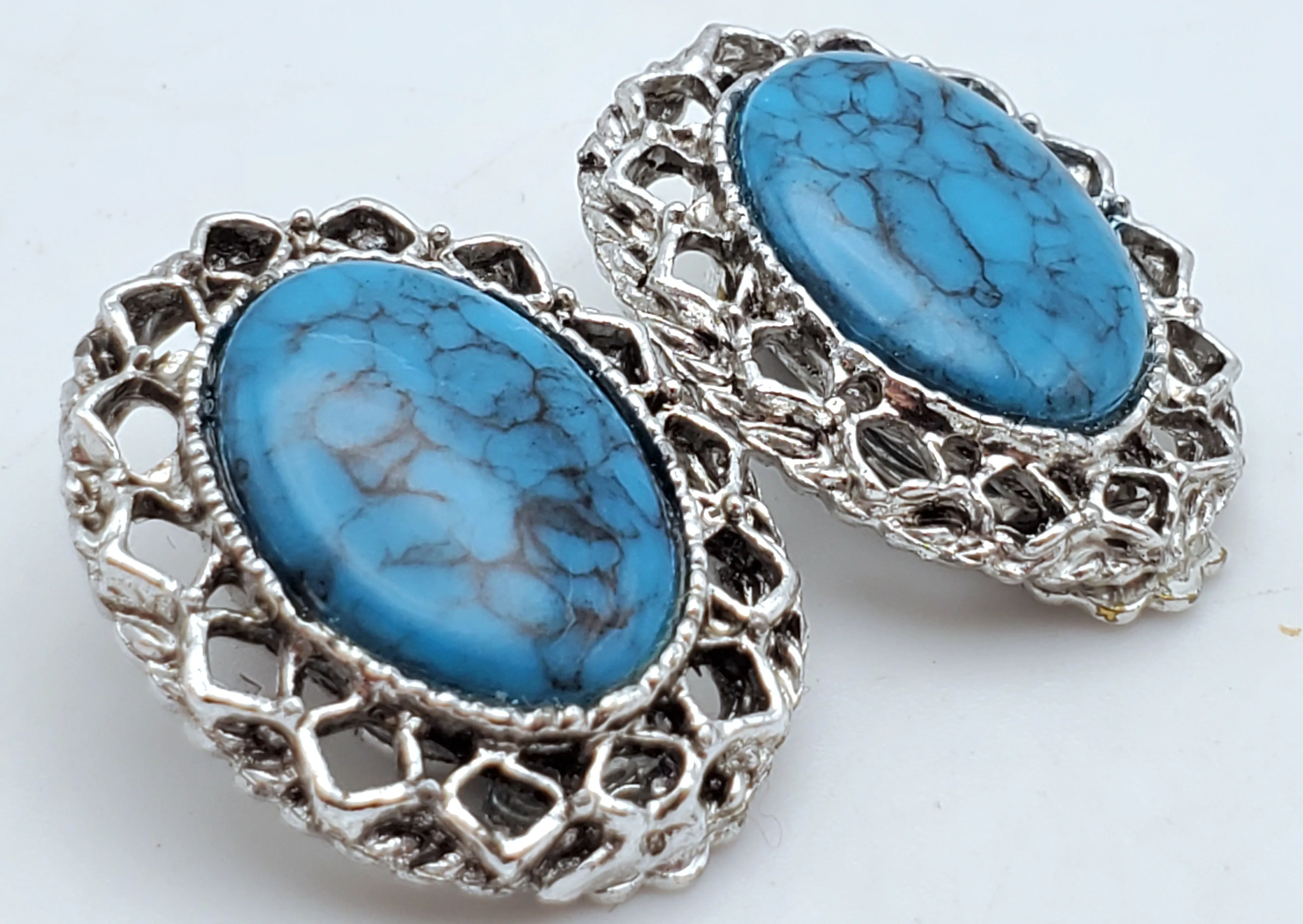 Vintage Faux Turquoise Silver Tone Clip-On Earrings