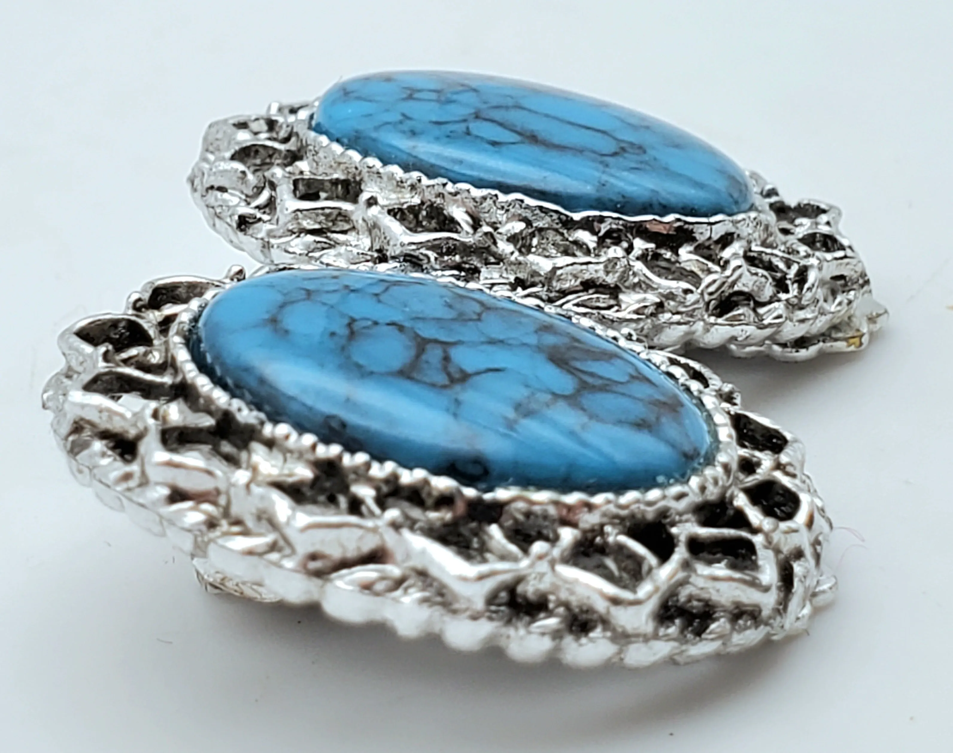 Vintage Faux Turquoise Silver Tone Clip-On Earrings