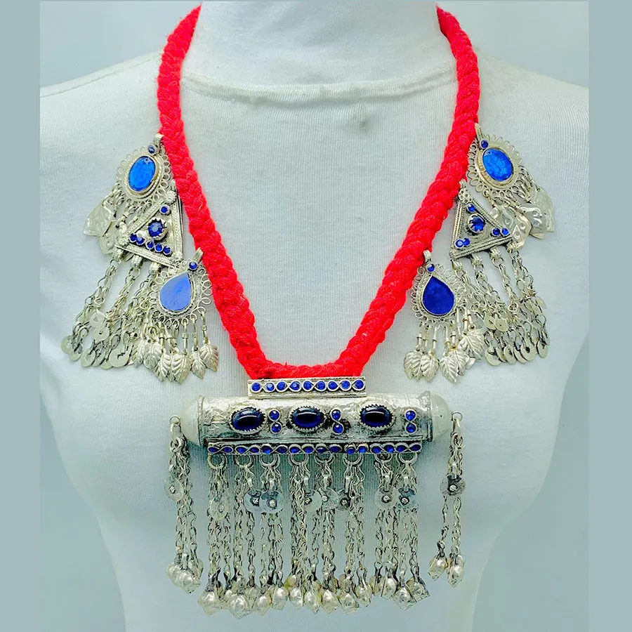 Vintage Red Necklace With Dangling Silver Motifs